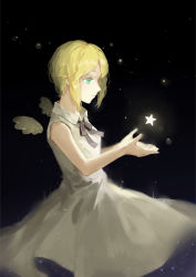 Rule 34 | 1girl, aimota, black background, blonde hair, cowboy shot, cupping hands, from side, frown, green eyes, highres, own hands together, short hair, solo, sound horizon