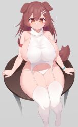 Rule 34 | 1girl, absurdres, animal ears, blush, bone hair ornament, braid, breasts, brown eyes, brown hair, curvy, dog ears, dog girl, dog tail, gabai, hair ornament, highres, hololive, huge breasts, inugami korone, long hair, looking at viewer, meme attire, plump, sitting, solo, sweater, table, tail, thighs, twin braids, virgin destroyer sweater, virtual youtuber, wide hips