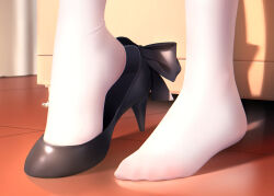Rule 34 | 1girl, black bow, black footwear, blue archive, bow, commentary, feet, foot focus, han (hehuihuihui), high heels, highres, indoors, mika (blue archive), pantyhose, shoes, single shoe, solo, standing, white pantyhose