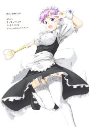 Rule 34 | 1girl, blue eyes, breasts, cuff links, fictional persona, garter straps, heart, highres, large breasts, magical girl, maid, maid headdress, niwatazumi, open mouth, original, purple hair, self-portrait, short hair, smile, solo, star (symbol), thighhighs, v, v over eye, wand, wrist cuffs