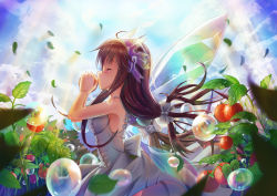 Rule 34 | 1girl, blurry, bow, brown hair, bubble, closed eyes, day, depth of field, dress, fairy, fairy wings, hair bow, hair ornament, hair ribbon, himonoata, holding, leaf, lights, long hair, original, ribbon, sky, solo, td, tomato, white dress, wind, wings