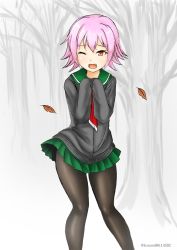 Rule 34 | 1girl, black pantyhose, blush, breath, cardigan, cold, forest, green eyes, green sailor collar, kantai collection, kudou (ooabareteng), leaf, long sleeves, nature, neckerchief, official alternate costume, one eye closed, outdoors, pantyhose, pink hair, red eyes, sailor collar, short hair, snow, solo, tama (kancolle), tree, twitter username, winter, winter clothes