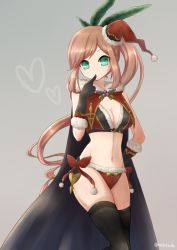 Rule 34 | 10s, 1girl, bad id, bad pixiv id, bikini, black bikini, black gloves, bobblehat, bow, bow bikini, breasts, cape, christmas, clarisse (granblue fantasy), cleavage, cleavage cutout, clothing cutout, elbow gloves, finger to mouth, fur cape, fur trim, gloves, granblue fantasy, green eyes, grey background, groin, hat, heart, long hair, looking at viewer, mismatched bikini, navel, neko nadeshiko, ponytail, red bikini, red ribbon, ribbon, santa hat, simple background, solo, standing, stomach, swimsuit, very long hair, yellow bow