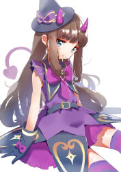 Rule 34 | 1girl, arm support, belt, belt buckle, black gloves, black hat, blue eyes, blunt bangs, blush, bow, bowtie, brown hair, buckle, demon girl, demon horns, demon tail, dress, gloves, hair behind ear, hat, hat bow, highres, horns, kurosu aroma, long hair, looking at viewer, pretty series, priority9, pripara, purple bow, purple bowtie, purple dress, purple thighhighs, sidelocks, simple background, sitting, sleeveless, sleeveless dress, smile, solo, striped clothes, striped thighhighs, tail, thighhighs, very long hair, white background, witch hat, zettai ryouiki
