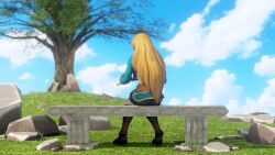 1girl 3d animated animated_gif ass ass_expansion blonde_hair blue_eyes female_focus full_body highres huge_ass kneeling long_hair n-nurico nintendo pointy_ears princess_zelda sheikah_slate sitting solo the_legend_of_zelda the_legend_of_zelda:_breath_of_the_wild thick_thighs thighs tree wide_hips