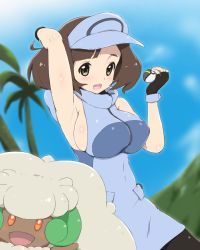 Rule 34 | 1girl, ace trainer (pokemon), armpits, arms up, bea (bropmlk), blush, breasts, brown hair, collared shirt, covered navel, creatures (company), day, fingerless gloves, game freak, gen 5 pokemon, gloves, highres, large breasts, nintendo, no bra, npc trainer, open mouth, outdoors, palm tree, poke ball, pokemon, pokemon (creature), pokemon sm, shirt, short hair, sideboob, sleeveless, sleeveless shirt, solo, tree, ultra ball, visor cap, whimsicott