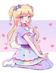 Rule 34 | 1girl, :d, blonde hair, blue bow, blush, bow, dress, full body, hair bow, hands on own legs, highres, hoshikuzu (pinkholic), idol clothes, idol time pripara, long hair, looking at viewer, open mouth, pretty series, pripara, purple bow, purple dress, purple eyes, purple thighhighs, ringlets, seiza, shoes, short sleeves, sitting, smile, solo, thighhighs, two side up, yumekawa yui