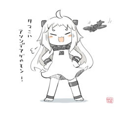 Rule 34 | 10s, 1girl, :3, abyssal ship, aircraft, airplane, bad id, bad pixiv id, bare legs, blush stickers, closed eyes, colored skin, commentary request, dress, hands on own hips, horns, kantai collection, long hair, mittens, northern ocean princess, open mouth, pale skin, simple background, smile, solo, standing, translation request, white background, white dress, white hair, white mittens, white skin, yuasan