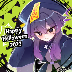 Rule 34 | 1girl, alternate costume, blue archive, blush, bright pupils, dated, english text, hair between eyes, halloween, halo, happy halloween, haruka (blue archive), hat, highres, jiangshi costume, long hair, looking at viewer, open mouth, pag2640, purple eyes, purple hair, qingdai guanmao, sleeves past fingers, sleeves past wrists, slit pupils, smile, solo, sweatdrop, talisman, tsurime, twitter username, upper body, white pupils