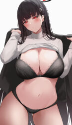 Rule 34 | 1girl, absurdres, black bra, black hair, black jacket, black panties, blue archive, blush, bra, breasts, cleavage, clothes lift, commentary, groin, hair ornament, hairclip, halo, highres, huge breasts, jacket, kunizaki, lingerie, long hair, looking at viewer, navel, open clothes, open jacket, panties, red eyes, rio (blue archive), simple background, solo, stomach, straight hair, sweater, sweater lift, thighs, underwear, very long hair, white background, white sweater