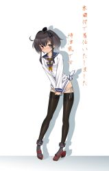 Rule 34 | 10s, 1girl, alternate legwear, anchor, anchor symbol, black hair, black thighhighs, blush, brown eyes, covering privates, covering crotch, dress, embarrassed, gradient hair, headgear, highres, kantai collection, long sleeves, looking at viewer, multicolored hair, neckerchief, ohjin, panties, sailor collar, sailor dress, shadow, shirt tug, short hair with long locks, side-tie panties, solo, thighhighs, tokitsukaze (kancolle), translation request, underwear, white panties