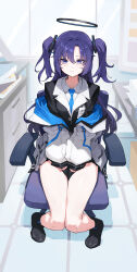Rule 34 | 1-5iro, 1girl, absurdres, black footwear, black skirt, blue archive, blue necktie, blush, breasts, closed mouth, collared shirt, full body, halo, highres, large breasts, long hair, looking at viewer, mechanical halo, necktie, purple eyes, purple hair, shirt, shoes, sitting, skirt, solo, two side up, white shirt, yuuka (blue archive)