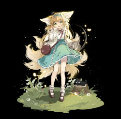 Rule 34 | 1girl, :d, absurdres, animal ear fluff, animal ears, arknights, bag, black background, black footwear, blonde hair, blue hairband, blue skirt, commentary request, fox ears, fox girl, fox tail, frilled hairband, frills, full body, grass, green eyes, hairband, hand up, high-waist skirt, highres, jacket, long hair, long sleeves, luo xiaohei zhanji, neck ribbon, open clothes, open jacket, open mouth, puffy long sleeves, puffy sleeves, red ribbon, ribbon, shio (shiofeifei), shirt, shoes, shoulder bag, simple background, skirt, smile, socks, solo, suzuran (arknights), suzuran (spring praise) (arknights), tail, tree stump, very long hair, white jacket, white shirt, white socks