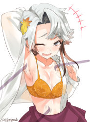 Rule 34 | 1girl, akishimo (kancolle), arm behind head, armpits, asymmetrical hair, blush, bra, collarbone, grey eyes, hair ornament, highres, kantai collection, leaf, leaf hair ornament, leaf print, long hair, maple leaf, motion lines, one eye closed, open clothes, open mouth, open shirt, orange bra, purple skirt, shirt, silver hair, simple background, skirt, solo, takase muh, tickling, tickling armpits, tickling stomach, twitter username, underwear, white background, white shirt