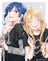 Rule 34 | 2girls, ahoge, alternate hairstyle, asymmetrical bangs, black shirt, blonde hair, blue hair, blunt bangs, blush, bocchi the rock!, border, bracelet, braid, casual, closed mouth, clothes writing, commentary, corrupted twitter file, drumsticks, earrings, facing viewer, fingernails, grey background, grin, highres, holding, holding drumsticks, ijichi nijika, jewelry, kessoku band logo, kessoku band t-shirt, layered sleeves, leaning, leaning on person, logo, long sleeves, looking at viewer, low twintails, matching outfits, merchandise, mole, mole under eye, multiple girls, open mouth, outside border, pink lips, pink nails, print shirt, saitou shiori (pixiv14549321), shirt, short over long sleeves, short sleeves, side-by-side, simple background, single braid, smile, spoken star, spoken symbol, star (symbol), stud earrings, teeth, turning head, twintails, twitter username, white border, wispy bangs, yamada ryo, yellow eyes