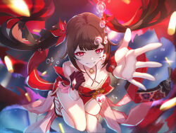 Rule 34 | 1girl, bare legs, bare shoulders, bell, black footwear, black gloves, black hair, commentary request, detached sleeves, facial mark, foreshortening, gloves, grin, highres, honkai: star rail, honkai (series), jingle bell, long hair, looking at viewer, pink eyes, reaching, reaching towards viewer, sandals, shiro font, short sleeves, smile, solo, sparkle (honkai: star rail), thighs, twintails, very long hair