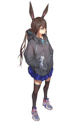 Rule 34 | 1girl, absurdres, amiya (arknights), animal ears, aqua eyes, arknights, black jacket, black thighhighs, blue skirt, brown hair, clay (clayjun), closed mouth, clothes writing, commentary request, grey footwear, hair between eyes, hands in pockets, highres, hood, hood down, hooded jacket, jacket, long hair, long sleeves, looking afar, looking away, miniskirt, plaid, plaid skirt, ponytail, rabbit ears, rabbit girl, rhodes island logo (arknights), shoes, skirt, sneakers, solo, thighhighs, zettai ryouiki