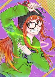 Rule 34 | 1girl, action figure, arms up, beanie, blush, glasses, green hoodie, hat, holding, holding toy, hood, hoodie, long hair, onihe8death, orange hair, persona, persona 5, persona 5 the royal, sakura futaba, simple background, smile, teeth, toy, ufo