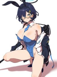 Rule 34 | 1girl, animal ears, between breasts, black hairband, blue archive, blue hair, blue leotard, blue necktie, blush, breasts, chihiro (blue archive), clearite, detached collar, fake animal ears, glasses, green eyes, hair between eyes, hair ornament, hairband, halo, jacket, large breasts, leotard, long sleeves, looking at viewer, necktie, necktie between breasts, playboy bunny, rabbit ears, semi-rimless eyewear, simple background, solo, squatting, white background