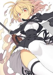 Rule 34 | &gt;:), 1girl, absurdres, ahoge, andou tazusa, assault lily, black ribbon, black skirt, blonde hair, blush, breasts, closed mouth, commentary request, commission, cowboy shot, cropped jacket, floating hair, from below, hair between eyes, hair ribbon, hands up, high-waist skirt, highres, holding, holding weapon, juliet sleeves, leg ribbon, leg up, long sleeves, looking at viewer, looking down, medium breasts, miniskirt, morino hon, neck ribbon, outstretched arms, ponytail, puffy sleeves, red eyes, ribbon, school uniform, shirt, short hair, skeb commission, skirt, smile, solo, standing, standing on one leg, thigh ribbon, thighhighs, upskirt, v-shaped eyebrows, weapon, white background, white shirt, white thighhighs, yurigaoka girls academy school uniform