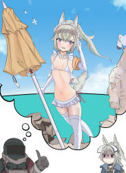Rule 34 | 1boy, 1girl, angry, animal ears, arknights, armband, bare arms, bare shoulders, beach umbrella, big bob (arknights), bikini, bird, blue sky, blush, bow, bowtie, closed mouth, cloud, cowboy shot, day, elbow gloves, flustered, frilled bikini, frills, gloves, grani (arknights), grey gloves, hair between eyes, hand on own face, highres, holding, holding umbrella, horse ears, horse tail, long hair, looking at viewer, open mouth, outdoors, ponytail, purple eyes, rock, seagull, short hair, side-tie bikini bottom, silver hair, sketch, sky, standing, surprised, swimsuit, tail, tail raised, thighhighs, thighs, thumbs up, umbrella, upper body, visor cap, water, white bikini, white gloves, white neckwear, white thighhighs, wide-eyed, xxdentera, zettai ryouiki