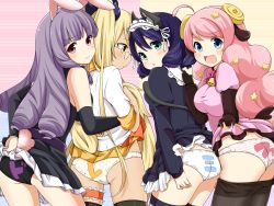 Rule 34 | 10s, 4girls, :d, :o, ahoge, animal ears, arm behind back, ass, bell, belt, black hair, black panties, blonde hair, blue eyes, blunt bangs, blush, breasts, cat ears, cat tail, chuchu (show by rock!!), clothes lift, clothes pull, curly hair, cyan (show by rock!!), dog tail, elbow gloves, girl sandwich, glasses, gloves, gothic lolita, green eyes, hair ornament, hair ribbon, highres, horns, large breasts, lolita fashion, long hair, long sleeves, looking at viewer, looking back, maid headdress, medium breasts, moa (show by rock!!), multiple girls, naiibu, open mouth, panties, pantyhose, pantyhose pull, pink hair, pink ribbon, polka dot, polka dot panties, print panties, puffy short sleeves, puffy sleeves, purple eyes, purple hair, rabbit ears, retoree (show by rock!!), ribbon, sandwiched, sheep ears, sheep horns, short sleeves, show by rock!!, skirt, skirt lift, sleeveless, smile, star (symbol), star hair ornament, striped clothes, striped panties, tail, thighhighs, translation request, twintails, underwear, very long hair, white panties, yellow eyes