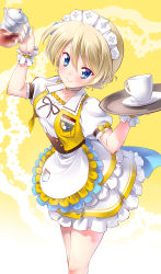 Rule 34 | 10s, 1girl, alternate costume, apron, blonde hair, blue eyes, braid, character name, choker, closed mouth, coco&#039;s, cowboy shot, cup, darjeeling (girls und panzer), emblem, frilled apron, frilled skirt, frills, girls und panzer, highres, holding, jacket, kuzuryuu kennosuke, layered skirt, leaning forward, looking at viewer, maid headdress, name tag, puffy short sleeves, puffy sleeves, ribbon choker, saucer, short hair, short sleeves, skirt, sleeveless, sleeveless jacket, smile, solo, st. gloriana&#039;s (emblem), standing, steam, striped clothes, striped skirt, swept bangs, tea, teacup, teapot, thighs, tray, twin braids, waist apron, waitress, white apron, white skirt, wrist cuffs, yellow background, yellow choker, yellow jacket