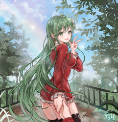 Rule 34 | 1girl, 96dgd, absurdres, black thighhighs, day, dress, dungeon and fighter, earrings, flower, green eyes, green hair, hair flower, hair ornament, highres, holding hands, jewelry, long hair, looking at viewer, looking back, open mouth, outdoors, park, red dress, short dress, smile, solo focus, thighhighs, very long hair, w