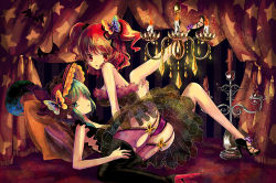 Rule 34 | 2girls, ass, bat (animal), breasts, bug, butterfly, candelabra, candle, candlestand, chandelier, curtains, feathers, female focus, flower, frills, garter straps, green hair, hat, high heels, insect, kinokobatake, large breasts, looking at viewer, multiple girls, onozuka komachi, panties, pillow, red hair, shiki eiki, shoes, short hair, sideboob, star (symbol), touhou, twintails, two side up, underwear