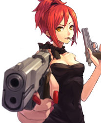 Rule 34 | 1girl, aiming, aiming at viewer, bare arms, bare shoulders, black dress, cigarette, dress, dual wielding, earrings, fkey, gun, handgun, holding, holding gun, holding weapon, jewelry, looking at viewer, nail polish, neckerchief, original, pistol, ponytail, red hair, red nails, simple background, solo, strapless, strapless dress, trigger discipline, weapon, white background, yellow eyes