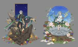 Rule 34 | 1boy, 1girl, alhaitham (genshin impact), black footwear, black pants, blue hair, book, boots, bow (weapon), cape, commentary, detached sleeves, dress, faruzan (genshin impact), flower, full body, gem, genshin impact, grass, grey background, grey hair, hair ornament, highres, holding, holding bow (weapon), holding sword, holding weapon, lantern, leaf, long hair, pants, papajay (jennygin2), paper, parted lips, simple background, sparkle, sword, symbol-only commentary, triangle, twintails, weapon, white flower, x hair ornament