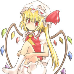 Rule 34 | 1girl, ascot, bad id, bad pixiv id, blonde hair, bloomers, bow, flandre scarlet, frown, hat, hat ribbon, head tilt, looking at viewer, mob cap, no pants, no shoes, puffy short sleeves, puffy sleeves, red eyes, ribbon, short hair, short sleeves, side ponytail, simple background, sock pull, solo, touhou, underwear, vest, white background, wings, yuuma (pumpkin)
