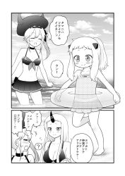 Rule 34 | 10s, 3girls, abyssal ship, bikini, breasts, claws, closed eyes, comic, destroyer princess, greyscale, headgear, horns, kantai collection, large breasts, lifebuoy, long hair, migu (migmig), monochrome, multiple girls, northern ocean princess, one-piece swimsuit, open mouth, ponytail, seaport princess, side ponytail, single horn, skirt, small breasts, smile, swim ring, swimsuit, translation request, v