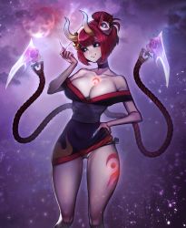 Rule 34 | 1girl, blood moon evelynn, blue eyes, breasts, cleavage, evelynn (league of legends), highres, horns, large breasts, league of legends, panties, parted lips, red hair, short hair, smile, solo, underwear
