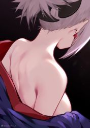 Rule 34 | 1girl, absurdres, back, back focus, bare shoulders, black background, breasts, earrings, fate/grand order, fate (series), from behind, grey hair, highres, japanese clothes, jewelry, kimono, large breasts, miyamoto musashi (fate), miyamoto musashi (first ascension) (fate), nape, off shoulder, open clothes, open kimono, purple kimono, queasy s, short hair, sideboob, simple background, solo, undressing, upper body