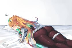 Rule 34 | 1girl, artist name, ass, ass focus, bare shoulders, bed, black pantyhose, blonde hair, blush, breasts, commentary, dedhed art, dress, earrings, elbow gloves, embarrassed, gloves, headpiece, jewelry, long hair, looking at viewer, looking back, mythra (massive melee) (xenoblade), mythra (xenoblade), on bed, pantyhose, solo, swept bangs, thigh strap, tiara, white dress, white gloves, xenoblade chronicles (series), xenoblade chronicles 2, yellow eyes