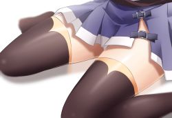 Rule 34 | 10s, 1girl, black thighhighs, blue skirt, blurry, depth of field, highres, kantai collection, kinugasa (kancolle), lower body, ohiya, pleated skirt, shorts, side slit, simple background, sitting, skirt, solo, thighhighs, wariza, white background, zettai ryouiki