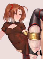Rule 34 | 1girl, ahoge, armlet, black panties, blush, boots, breasts, brown eyes, brown hair, censored, china dress, chinese clothes, cleavage cutout, clothed sex, clothing aside, clothing cutout, dress, facial mark, fate/grand order, fate (series), fishnets, forehead mark, heavy breathing, hetero, highres, hikichi sakuya, leg up, nezha (fate), panties, panties aside, pantyhose, penis, scrunchie, sex, small breasts, solo focus, split, standing, standing on one leg, standing sex, standing split, thigh boots, thighhighs, thighlet, torn clothes, torn legwear, twintails, underwear
