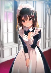 Rule 34 | 1girl, alternate costume, apron, black dress, blurry, blurry background, blush, breasts, brown eyes, brown hair, closed mouth, collared dress, commentary request, depth of field, dress, enmaided, hair between eyes, hair ornament, hand up, highres, indoors, juliet sleeves, kantai collection, koruri, long hair, long sleeves, looking at viewer, maid, maid apron, maid headdress, nose blush, puffy sleeves, sendai (kancolle), small breasts, smile, solo, sweat, twitter username, two side up, white apron, window