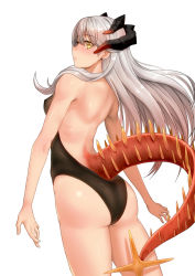 Rule 34 | 1girl, arknights, ass, backless leotard, backless outfit, bare arms, bare back, bare shoulders, black leotard, blush, breasts, commentary request, cowboy shot, earrings, from behind, hair between eyes, horns, jewelry, leotard, long hair, looking at viewer, looking back, saria (arknights), silver hair, simple background, small breasts, solo, standing, tail, thighs, white background, yamauchi (conan-comy), yellow eyes