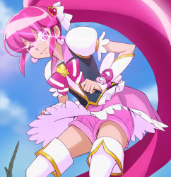 Rule 34 | 10s, 1girl, aino megumi, bow, brooch, cure lovely, earrings, female pubic hair, glowing, glowing eye, happinesscharge precure!, haruyama kazunori, heart, heart brooch, heart earrings, jewelry, long hair, looking at viewer, magical girl, no panties, one eye closed, pink bow, pink eyes, pink skirt, ponytail, precure, pubic hair, pubic hair peek, pussy, pussy peek, shorts, shorts under skirt, skirt, solo, thighhighs, upshorts, very long hair, white thighhighs, wide ponytail, wink