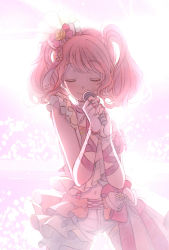 Rule 34 | 1girl, bad id, bad pixiv id, bang dream!, bow, closed eyes, commentary request, fingerless gloves, flower, gloves, hair bow, hair flower, hair ornament, hair ribbon, highres, holding, holding microphone, maruyama aya, microphone, navel, overskirt, pink hair, pink theme, ribbon, short shorts, shorts, sidelocks, smile, solo, twintails, u u, wrist ribbon, yellow flower, yuyuyugoonn