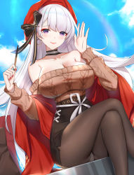 Rule 34 | 1girl, absurdres, aran sweater, azur lane, bag, bare shoulders, belfast (azur lane), belfast (shopping with the head maid) (azur lane), belt, beret, black skirt, blue sky, blush, breasts, brown pantyhose, brown sweater, cable knit, choker, cleavage, closed mouth, collarbone, crossed legs, earrings, food, hat, highres, holding, holding food, holding pocky, hoop earrings, jewelry, large breasts, long hair, long sleeves, looking at viewer, nail polish, off-shoulder sweater, off shoulder, pantyhose, pencil skirt, pocky, purple eyes, red hat, shawl, shopping bag, silver hair, sitting, skirt, sky, smile, solo, sweater, swept bangs, thighs, wu ganlan cai