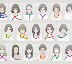 Rule 34 | 6+girls, :3, alphabet, asymmetrical clothes, bare shoulders, blouse, blue eyes, blunt bangs, bob cut, brown eyes, brown hair, capelet, collarbone, dreadlocks, expressionless, glasses, green eyes, grey background, grey eyes, grey hair, hair ornament, hairclip, halterneck, highres, hime cut, keyboard (computer), light brown hair, long hair, messy hair, multiple girls, original, parted bangs, parted lips, partially colored, purple eyes, shirt, short hair, short sleeves, side ponytail, sidelocks, simple background, smile, striped, t-shirt, twintails, upper body, v-neck, vertical stripes, white shirt, yajirushi (chanoma)