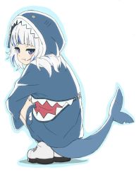 Rule 34 | 1girl, :t, animal costume, animal hood, artist request, blue eyes, blue hair, blue hoodie, closed mouth, commentary request, fins, fish tail, from behind, full body, gawr gura, gawr gura (1st costume), highres, hololive, hololive english, hood, hoodie, long hair, long sleeves, multicolored hair, shark costume, shark girl, shark hood, shark print, shark tail, silver hair, simple background, solo, squatting, tail, virtual youtuber, white background, white footwear