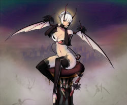 Rule 34 | 1girl, black gloves, black thighhighs, breasts, city, demon girl, gloves, high heels, horns, large breasts, original, pointy ears, sitting, solo, tail, thighhighs, white hair, wings, wiz (sadosuki)