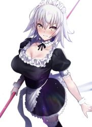 Rule 34 | 1girl, alternate costume, apron, black dress, blush, breasts, broom, choker, cleavage, collarbone, detached collar, dress, enmaided, fate/grand order, fate (series), frilled choker, frilled dress, frills, hair between eyes, jeanne d&#039;arc (fate), jeanne d&#039;arc alter (avenger) (fate), jeanne d&#039;arc alter (fate), large breasts, looking at viewer, maid, maid apron, maid headdress, pale skin, polearm, puffy short sleeves, puffy sleeves, ribbon, short hair, short sleeves, silver hair, simple background, smile, solo, spear, thighhighs, untue, waist apron, weapon, white background, white thighhighs, wrist cuffs, yellow eyes