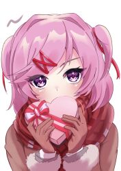 Rule 34 | 1girl, blush, brown gloves, brown jacket, covering own mouth, doki doki literature club, fur-trimmed jacket, fur trim, gloves, hair ornament, hair ribbon, hairclip, hands up, jacket, long sleeves, looking at viewer, natsuki (doki doki literature club), pink eyes, pink hair, red scarf, ribbon, scarf, short hair, simple background, solo, two side up, upper body, white background, yame pi