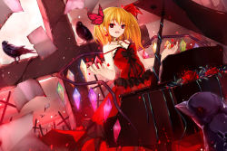 Rule 34 | 1girl, alternate costume, bad id, bad pixiv id, bai kongque, bare shoulders, bird, blonde hair, blood, blood splatter, bow, breasts, butterfly, butterfly on head, choker, cleavage, collarbone, cross, crow, dress, fingernails, flandre scarlet, flower, frills, gem, hair ribbon, hand up, instrument, leaf, light particles, looking at viewer, medium breasts, nail polish, open hand, open mouth, paper, piano, plant, red eyes, red flower, red nails, red rose, ribbon, rose, short hair, side ponytail, solo, strapless, strapless dress, touhou, vines, wings