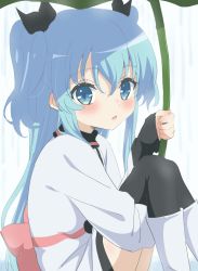 Rule 34 | 1girl, black ribbon, black thighhighs, blue eyes, blue hair, blush, boots, bow, commentary request, dress, hair between eyes, hair ribbon, hand up, highres, holding, hugging own legs, knee boots, leaf umbrella, long sleeves, looking at viewer, looking to the side, noel (sora no method), parted lips, pink bow, ribbon, sidelocks, sincos, sitting, sleeves past wrists, solo, sora no method, thighhighs, thighhighs under boots, two side up, white dress, white footwear